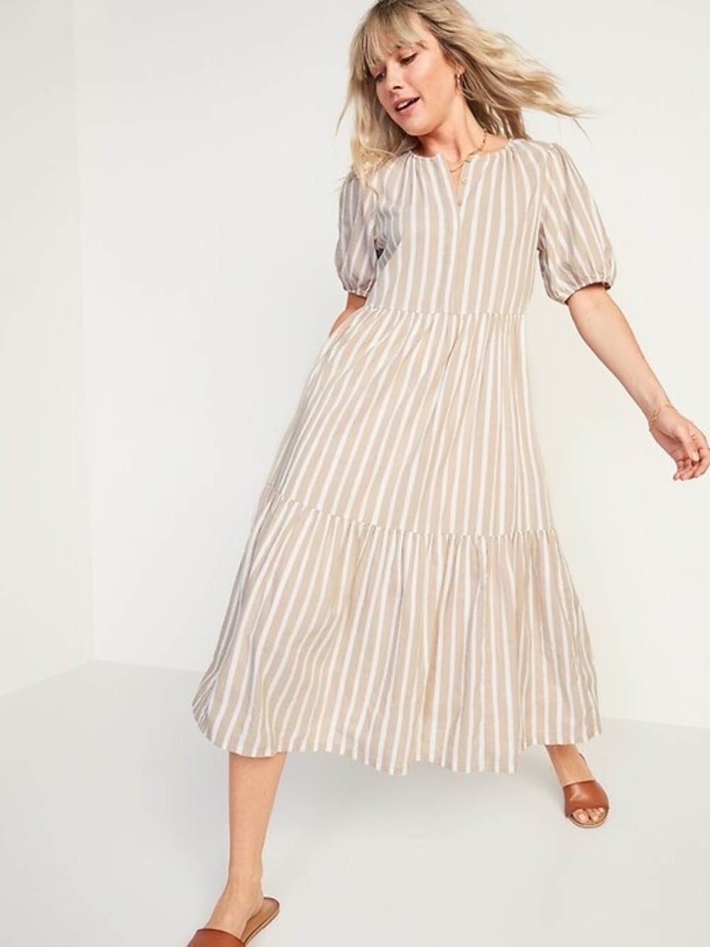 Old Navy Striped Beige Puff-Sleeve Tiered Midi Dress EUC